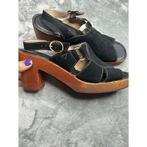 Anthropologie Latigo Iris Black Suede Sandal Platform Wood Chunky Heel Size 8.5 - Picture 7 of 7